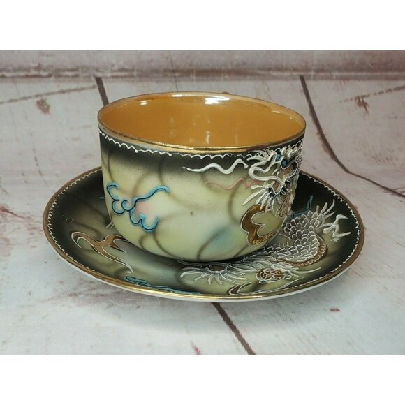 Vintage Japanese Dragonware Teacup & Saucer Set Moriage Demitasse Hand Painted - Picture 2 of 11